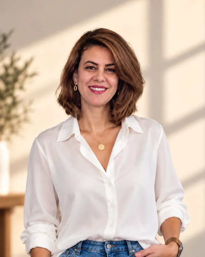 Carol sorrindo, de camisa branca